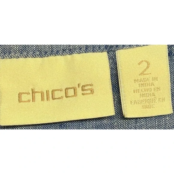 Chicos Top Womens 2 Large 12 Blue Chambray‎ 100% Linen 3/4 Sleeve Pockets Blouse - Picture 7 of 10